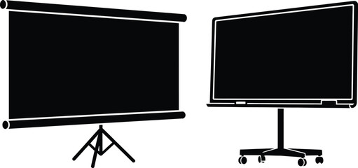 Two black display screens on stands a projector screen and a flat panel television on transparent background silhouette high quality professional © mrvect02