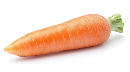 Single fresh orange carrot with green stem isolated on white background