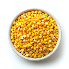 Top view of a white ceramic bowl filled with cooked yellow sweet corn kernels isolated on white background