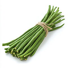 A bunch of fresh green long beans tied with twine isolated on a white background