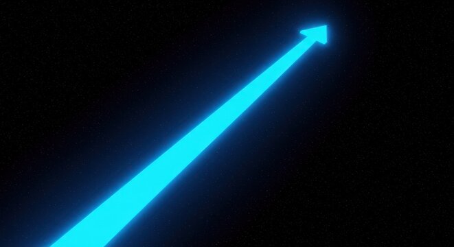 A bright blue glowing arrow pointing upwards on a black background