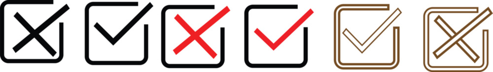 Obraz premium Square Check and Cross Icon Set in Outline and Bold Styles for Approval and Rejection