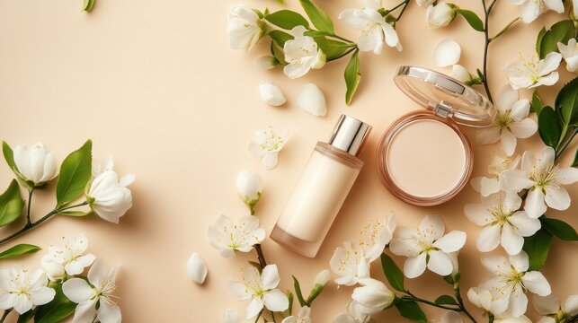 Spring skincare products, blossom background, beige backdrop, beauty product flatlay, cosmetic advertising