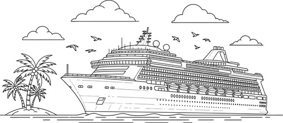 Detailed black and white line drawing of a cruise ship with palm tree clouds and birds on transparent background silhouette © mrvect02