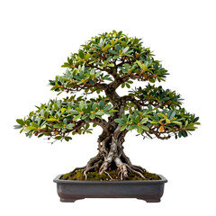 Detailed illustration of a bonsai tree with textured bark in a black pot on white