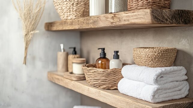 Wooden shelves with bathroom essentials and baskets, natural look