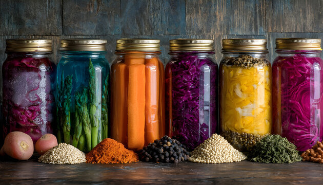 Assorted vibrant fermented foods neatly arranged in clear glass jars showcasing colorful vegetables grains and spices against a rustic kitchen background ideal for a healthy lifestyle scene