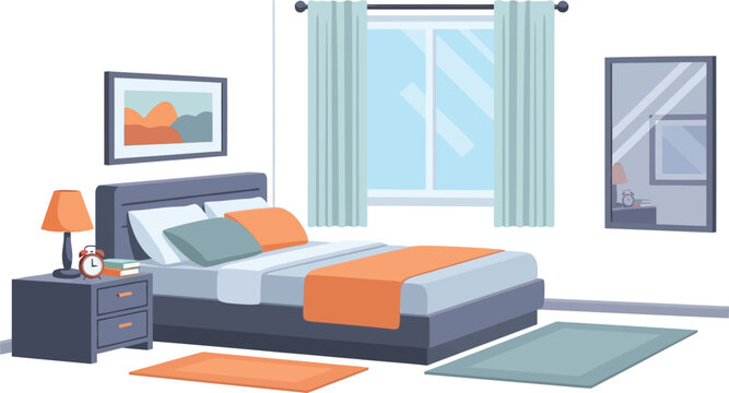 Interior illustration of a bedroom with bed window curtains mirror and decor elements on transparent background silhouette high quality professional detailed