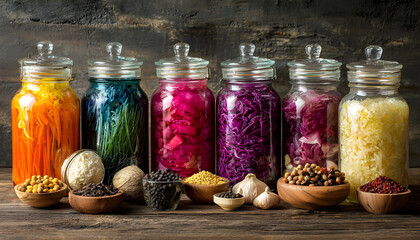 Assorted vibrant fermented foods neatly arranged in clear glass jars showcasing colorful vegetables grains and spices against a rustic kitchen background ideal for a healthy lifestyle scene