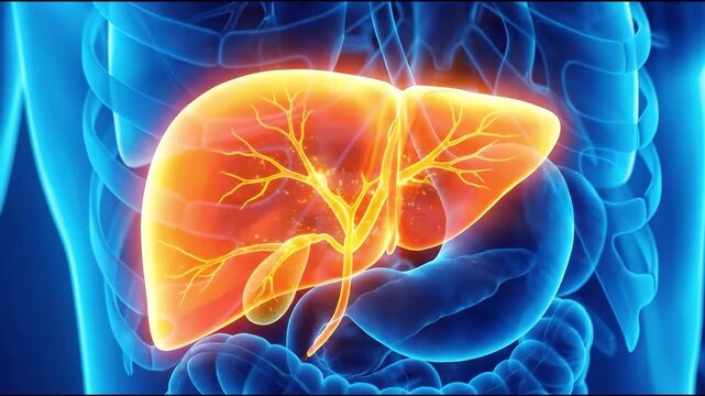 Human liver anatomy illustration with glowing details in a 3d render, suitable for medical research, healthcare education, scientific presentations, and biology study.