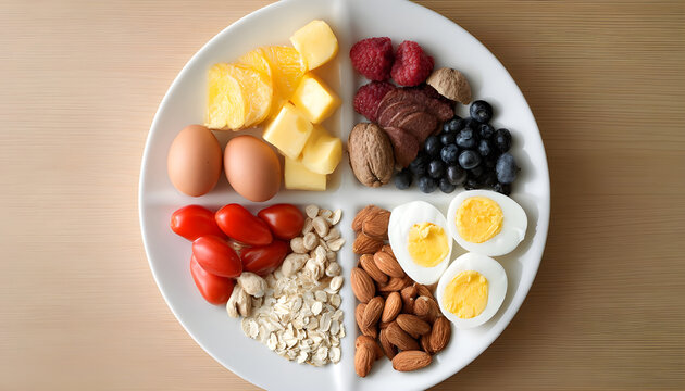 Healthy food separated on a white plate for a balanced diet