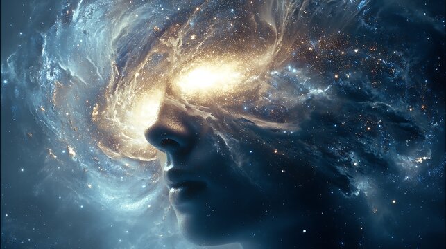 ethereal human silhouette emerging from swirling galaxies, face half-made of nebula light, symbolizing the awakening of universal mind, cinematic cosmic lighting, surreal fine art realism 