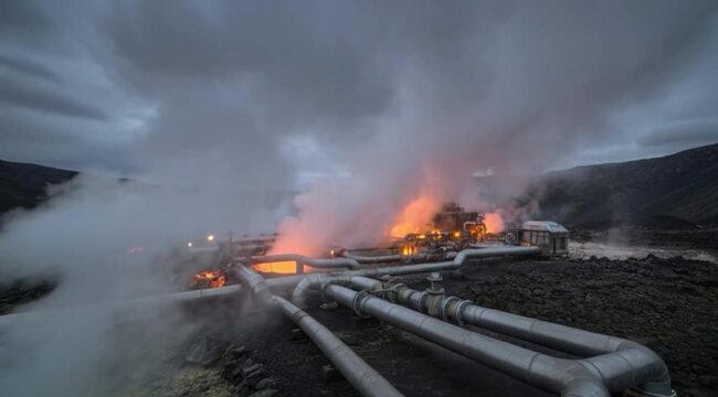 Geothermal energy plant with steam plumes and glowing vents on a rugged volcanic terrn under stormy clouds
