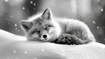 Fototapeta premium Delicate Sleeping Fox in Snowy Evening Scene Captured in Lowlight Conditions