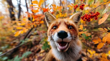 Fototapeta premium Charming Smiling Fox in Colorful Autumn Forest with Bright Leaves