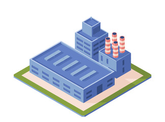 Illustration of a large industrial factory building with smoking chimneys in an isometric style, perfect for topics related to manufacturing and industry