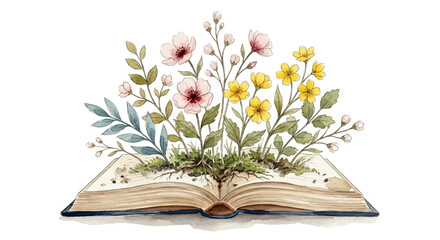 Vector watercolor painting of flowers growing from an old open book, hand-painted isolated on a white background.