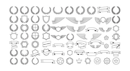 Collection of Laurel Wreaths, Shields, Wings and Ribbon Badges Line Art Vector Set for Emblems © Sapumal
