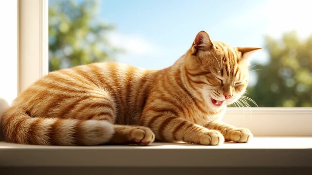 Ginger Tabby Cat Lounging on Windowsill in Sunlight, Relaxed Domestic Pet
