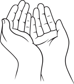 Outlined hands together in prayer or holding gesture, offering or receiving something, isolated vector art
