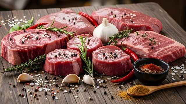 Assorted raw beef steaks with spices and herbs on wooden table