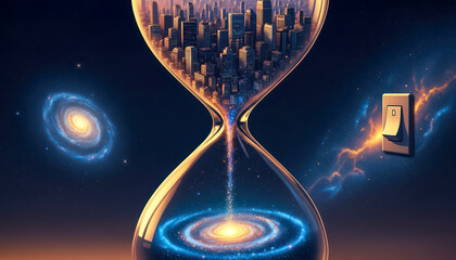 Surreal hourglass with cityscape and galaxy in cosmic artwork  