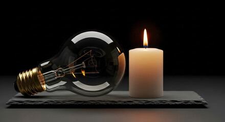 Light bulb and candle on wooden surface in dark environment  