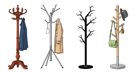 Coat Rack Set Isolated on White – Wooden and Metal Hat Stands, Tree Style Clothes Hangers © Sapumal