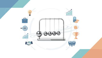 Business Startup Concept Vector Illustration Featuring Newton's Cradle for Action and Reaction, Cause and Effect, and Momentum with Icons for Ideas, Growth, Teamwork, Strategy, and Financial Success
