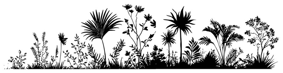 Horizontal silhouette border featuring tropical plants and exotic palm leaves © AdrianGebert