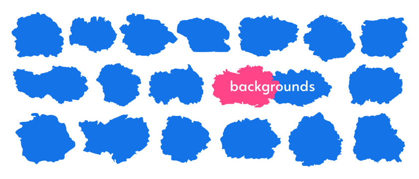 Set of hand drawn paint highlight spots and ink blots isolated on white background. Vector illustration of irregular vector shapes, organic blobs, brush strokes and colorful banners for text.