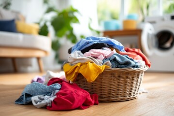Cozy Laundry Room with Piled Clothes by Basket Amidst Bright Atmosphere