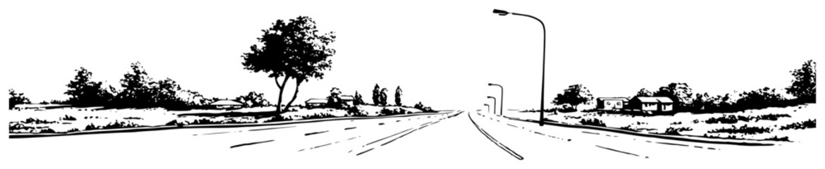 Perspective sketch of an empty highway road with street lights © AdrianGebert