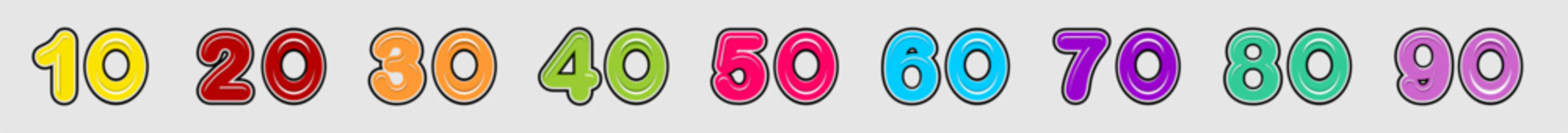 Brightly colored numbers with outlines, a cheerful collection of colorful numbers for learning and play, and bold colored numbers with 3D effects.