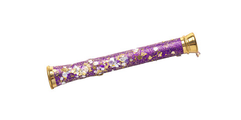 A Long, Glittery Purple Party Whistle with Gold Accents on a Transparent Background. Digital Design Asset High Resolution Png