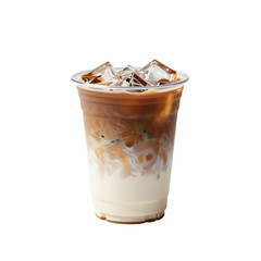 Iced latte swirls in a plastic cup against a white background creating an inviting refreshment