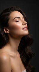 Fototapeta premium A captivating portrait revealing the serene beauty of a woman with flawless, luminous skin and elegantly styled dark hair, emphasizing natural glow and peaceful contemplation