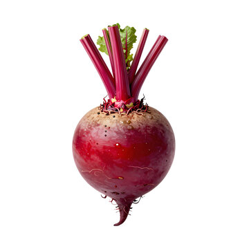 Artistic rendering of a ripe beet with leafy greens on a white backdrop