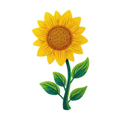 Fototapeta premium A watercolor painting of a sunflower with a brown center, yellow petals, green stem and leaves