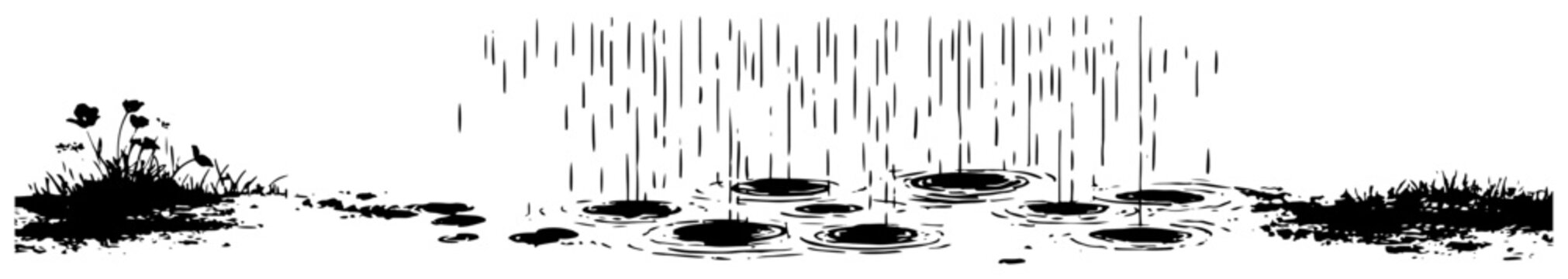 Rain falling on puddles in a grassy meadow sketch