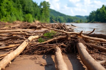Fototapeta premium Submerged Roots and Debris Along Forest Riverbank After Destructive Flooding