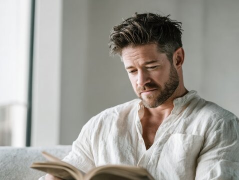 man with beard reading book in soft natural light wearing casual linen shirt with contemplative expression ample empty space on left for text concept of relaxation literature focus