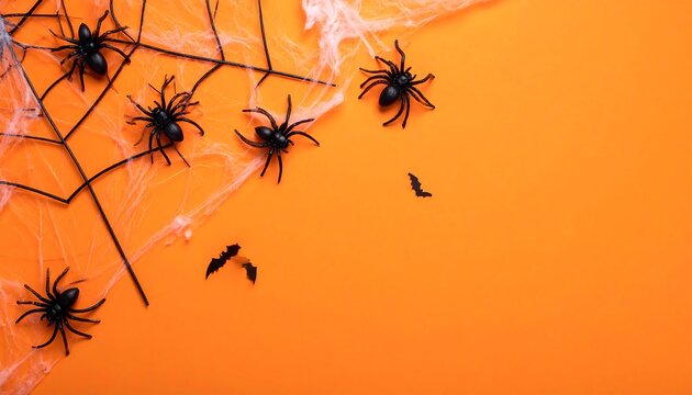 Halloween setup with spiders, webs, and bats on a plain orange backdrop