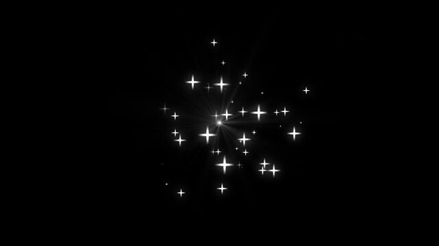 White shining star animation with twinkling sparkle particles and bright glitter trail bursts, featuring glowing light on alpha channel for overlay use in festive designs, transitions, and 4K motion g