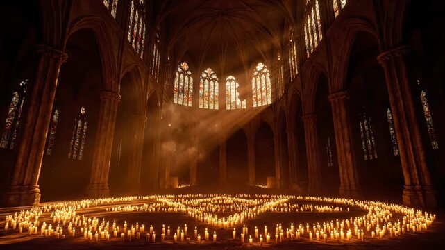 Candlelit Cathedral Interior with Intricate Light Patterns.
