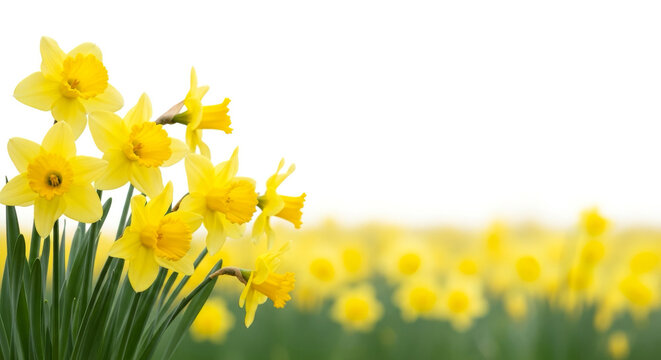 Bright yellow daffodils narcissus in the foreground with a soft blurred spring flower field and clean white copy space, perfect for seasonal greeting design, banners, and natural background concepts.
