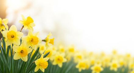 Bright yellow daffodils narcissus in the foreground with a soft blurred spring flower field and clean white copy space, perfect for seasonal greeting design, banners, and natural background concepts.