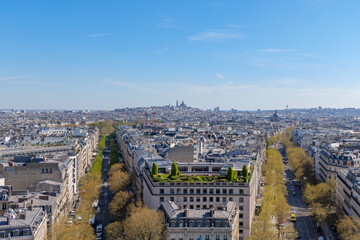 Paris skyline in bright sunlight, tree-lined streets and historic rooftops, Sacre-Coeur dominating Montmartre hill, peaceful city scene in springtime