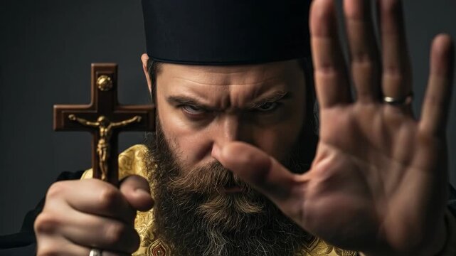 Orthodox priest man with angry expression holding crucifix and making stop gesture, ritual of expelling evil spirit during exorcism