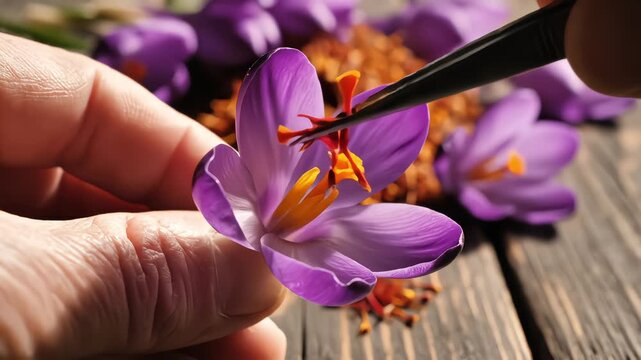 Close up of hands carefully harvesting red saffron stigmas from purple crocus flowers using tweezers on a rustic wooden table